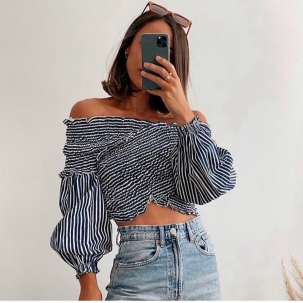 Cropped Top with Elastic Detailing in Navy/White Stripes